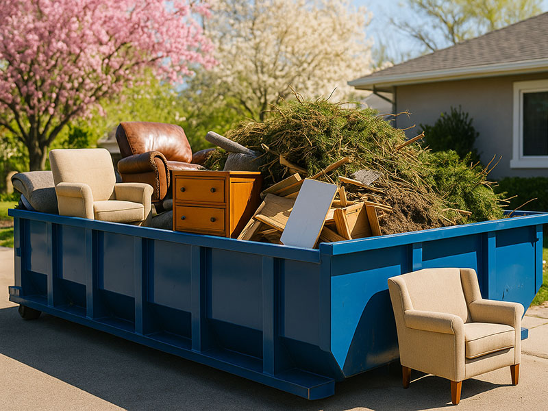 Large blue dumpster filled with furniture, construction wasted, and tree branches on a residential street in front of home
