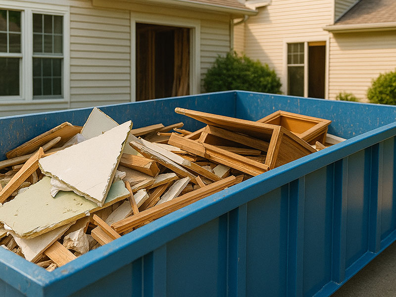 Large blue dumpster filled with sheetrock and broken furniture on suburban home driveway