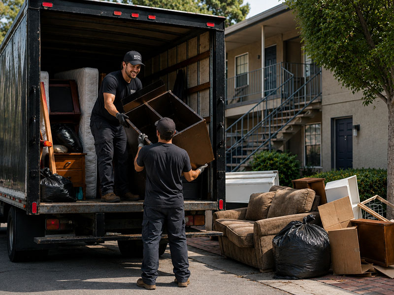 Eviction cleanout crew removing furniture and junk from Sacramento apartment property